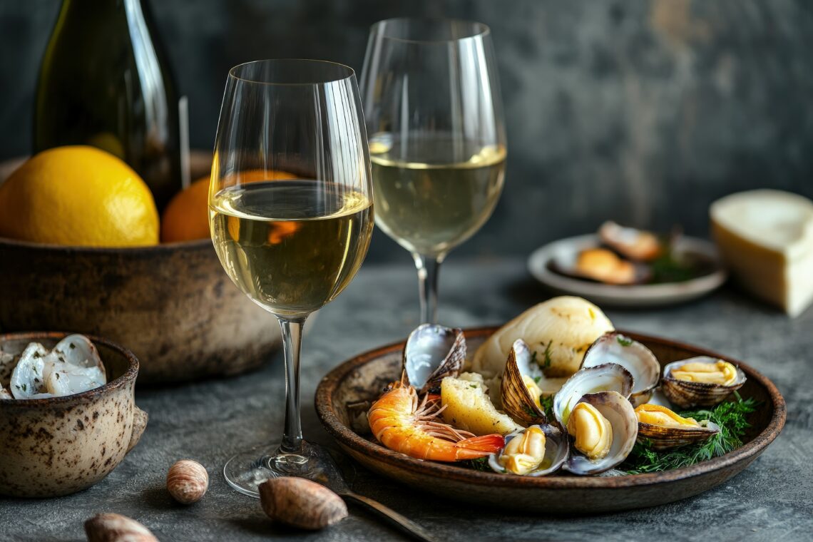 a plate of food and two glasses of wine